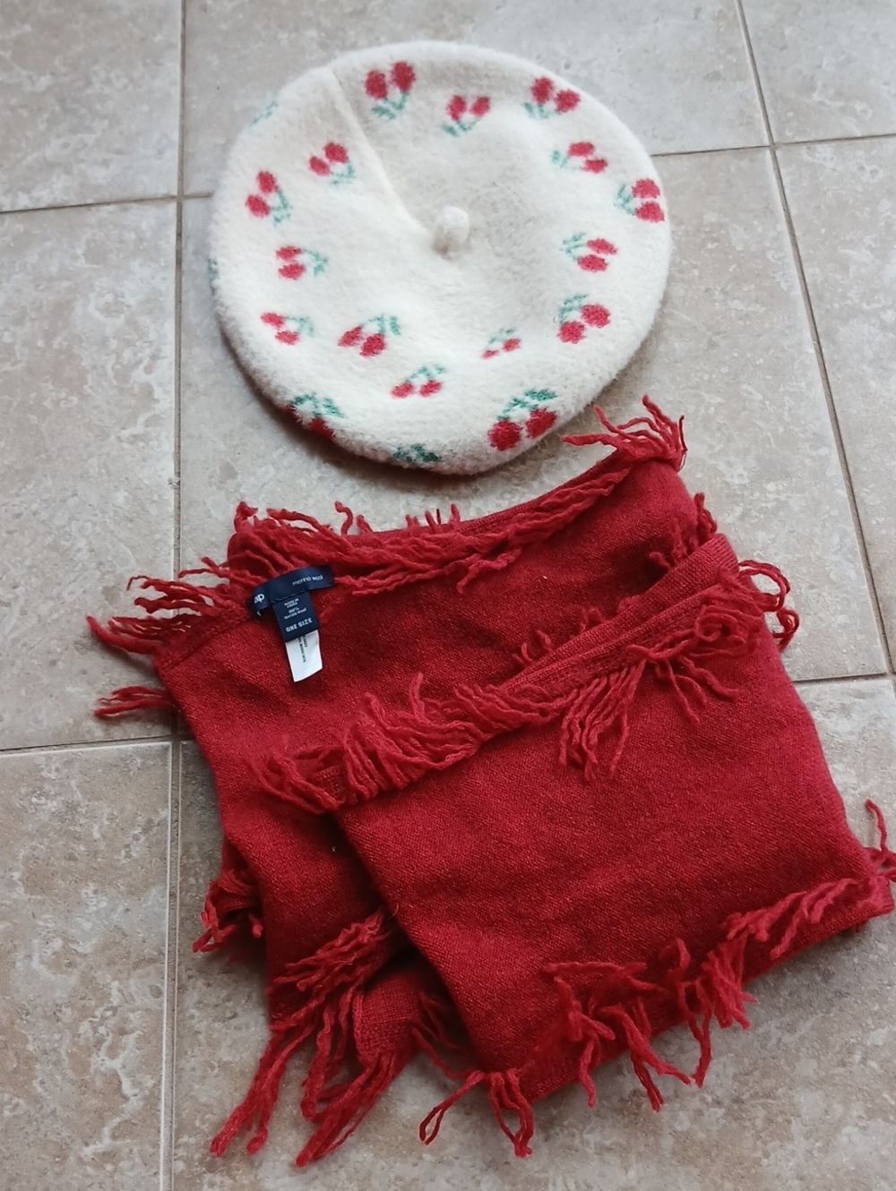 Anthropologie Cherry Motif Beret & Wool Red Fringe Scarf